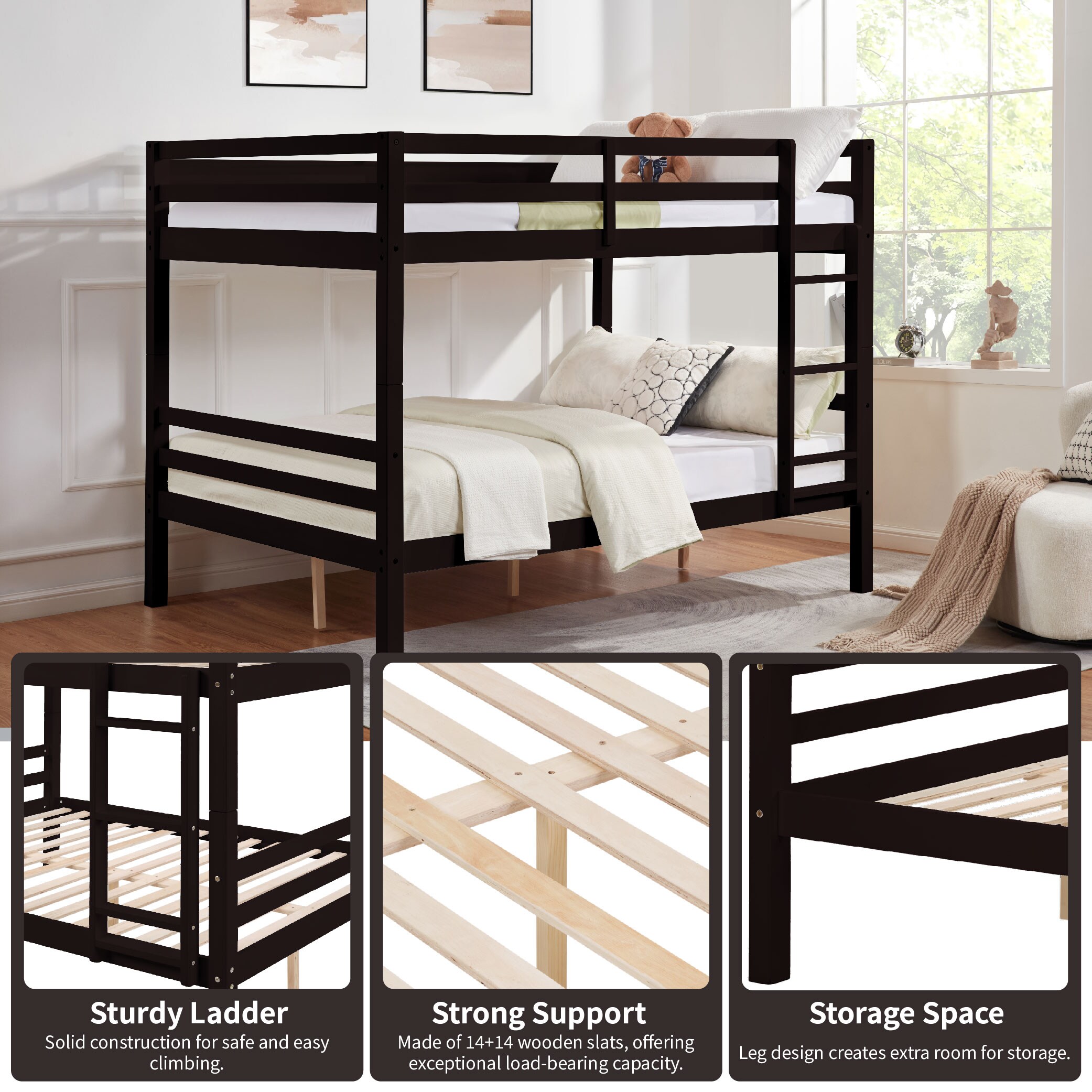 Full over Full Bunk Bed with Thick Posts,Wooden Bunk Bed with High Guardrail and Ladder for Kids, Teens, Dorm Rooms, and Guest Rooms,No Box Spring Needed, Espresso